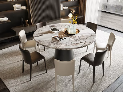 Modern Round Marble Dining Table Set With Six Black And White Chairs And Flower Vase 3d model