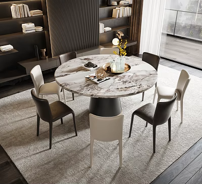 Modern Round Marble Dining Table Set With Six Black And White Chairs And Flower Vase 3d model