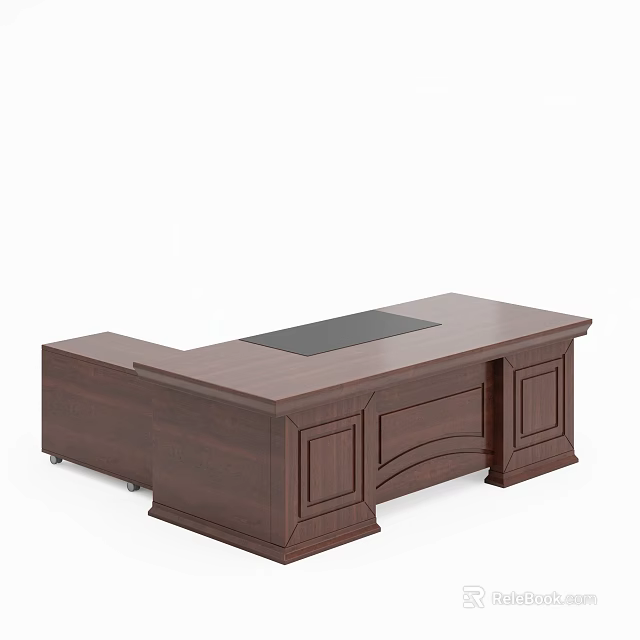 Dark Brown Wooden Office Desk With Black Smooth Tabletop And Storage Cabinets 3d model 
