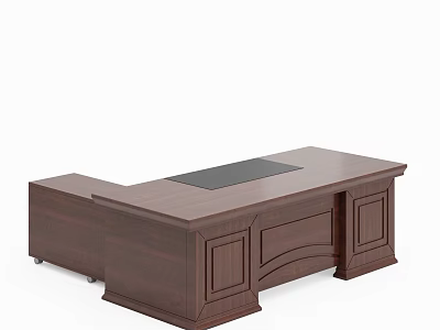 Dark Brown Wooden Office Desk With Black Smooth Tabletop And Storage Cabinets 3d model