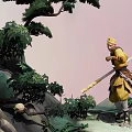 Detailed Traditional Hand Carved Figure Sculpture Holding Staff with Trees and Rocks