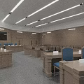 Modern Courtroom Interior With Arranged Seats Judge's Bench Judicial Emblem Wooden Paneling And Lighting