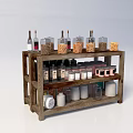Wooden Kitchen Display Shelf With Layers Of Grains Spices Jars And Containers