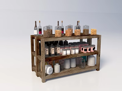 Wooden Kitchen Display Shelf With Layers Of Grains Spices Jars And Containers 3d model