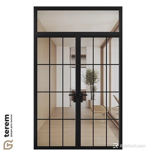 Modern Black Frame Swing Door With Glass Grid Design In Interior Space 3d model 
