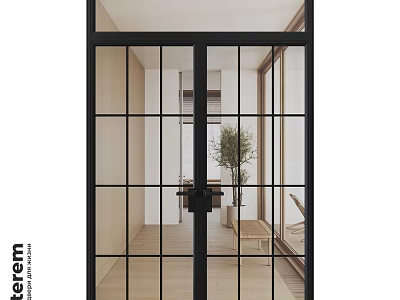 Modern Black Frame Swing Door With Glass Grid Design In Interior Space 3d model