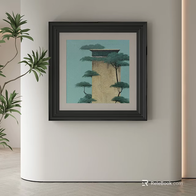 Abstract Painting With Black Frame Tower Like Structure Pine Trees And Light Blue Background 3d model