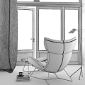 Black Modern Lounge Chair With Ottoman Leather Upholstery Metal Frame Dark Background And Wooden Floor