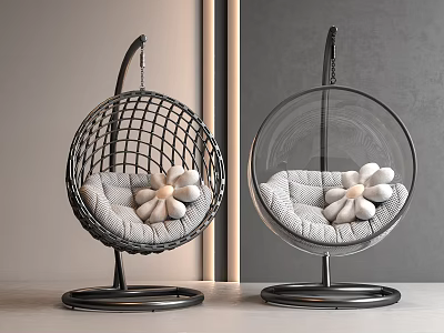 Stylish Hanging Egg Chair With Black Frame Gray Cushion White Flower Cushions And Stand Base 3d model