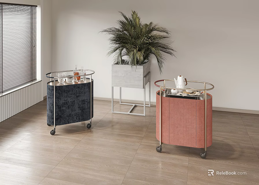 Rolling Side Tables Dark Blue and Pink Metal Frame with Wheels and Green Plant Indoor 3d model 
