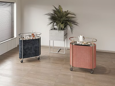 Rolling Side Tables Dark Blue and Pink Metal Frame with Wheels and Green Plant Indoor 3d model