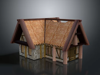 Traditional Cottage Architecture With Thatch Roof Stone And Wooden Walls Wooden Framed Windows 3d model