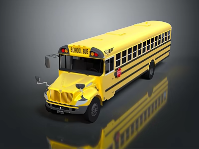 Yellow School Bus With Classic Design And Reflective Surface On Dark Background 3d model