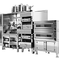 Stainless Steel Commercial Kitchen Equipment With Ovens Refrigerators Range Hoods And Utensils Like Pans Knives