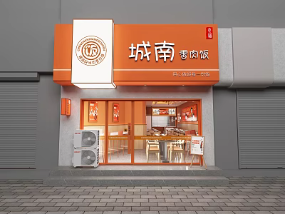 Storefront Design For Restaurant With Orange Signage Glass Door And Tables Chairs 3d model