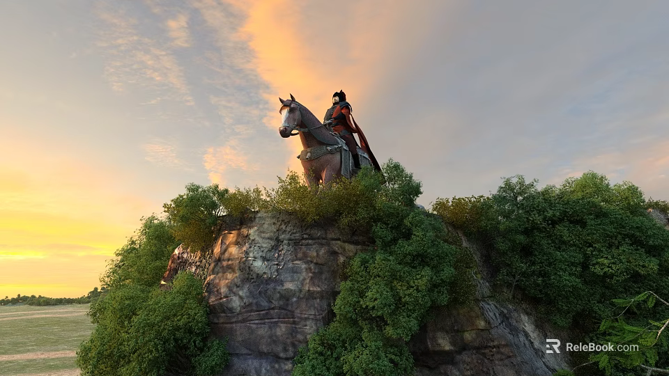Ancient Warrior on Horseback Standing Atop Hilltop With Green Trees and Sunset Sky 3d model 