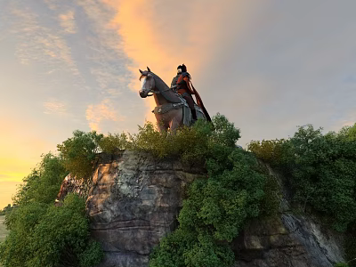 Ancient Warrior on Horseback Standing Atop Hilltop With Green Trees and Sunset Sky 3d model