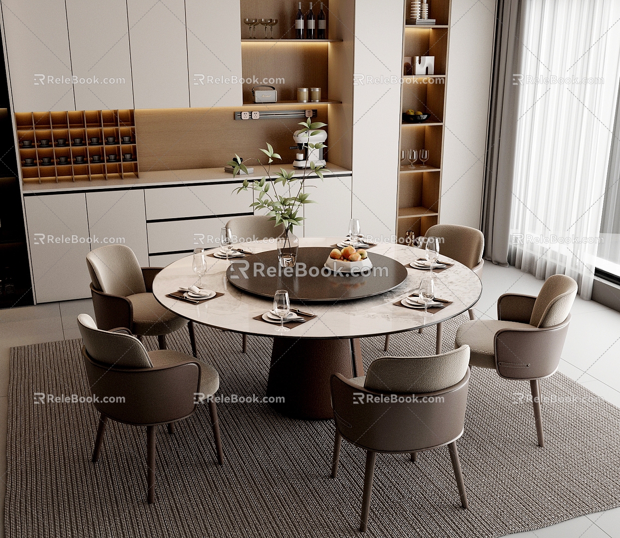 Marble Dining Table and Chair Combination Dining Room Round Rock Board Dining Table Six-Person Leather Backrest Dining Chair Cabinet Wine Cabinet 3d model