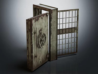 Rusty Open Safe Door Displaying Old Metal Grille And Antique Design 3d model