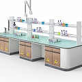 Well Equipped Laboratory Workbench With Shelves Chemical Reagents Sink Cabinets And Hazard Signs