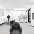 Modern Beauty Hair Salon Interior With White Walls Mirrors Chairs Blue Seating And Staircase