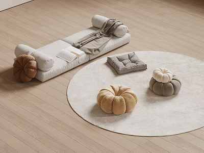 Pumpkin Shaped Brown Beige Gray Pillows on Light Round Rug with Wooden Floor 3d model