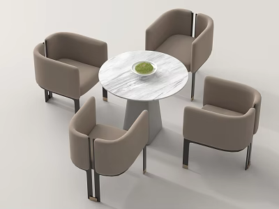 Modern Round Marble Table And Four Beige Armchairs With Green Plant And Black Legs 3d model