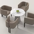 Modern Round Marble Table And Four Beige Armchairs With Green Plant And Black Legs