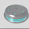 Modern Round Electronic Device With Silver Metal Body Blue Indicator Lights And Bottom Blue Halo