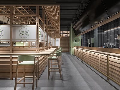 Modern Restaurant Interior With Wooden Bar Counter Green High Stools And Open Layout 3d model