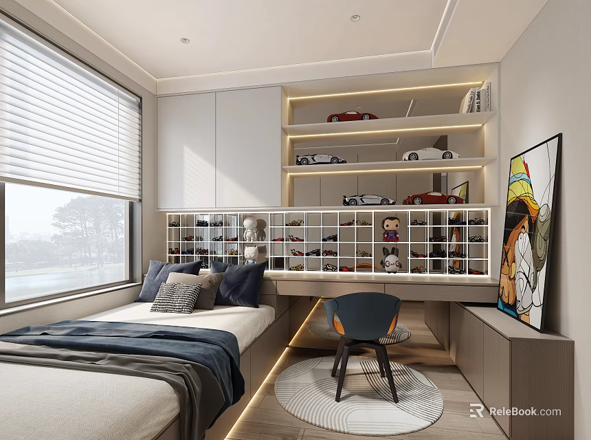 Tatami Bedroom Interior Design With Bed Window Blinds Bookshelf Toy Cars Desk Chair Wall Painting 3d model 