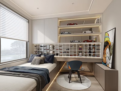 Tatami Bedroom Interior Design With Bed Window Blinds Bookshelf Toy Cars Desk Chair Wall Painting 3d model