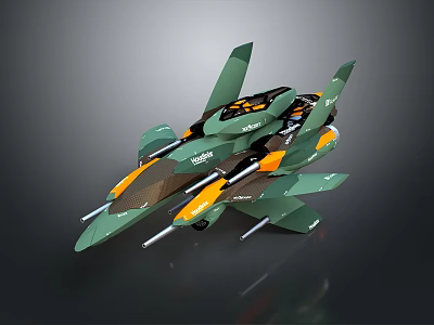 Futuristic Cosmic Spacecraft Featuring Green Orange Multi Wing Structure And Thrusters For Interstellar Travel 3d model