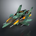 Futuristic Cosmic Spacecraft Featuring Green Orange Multi Wing Structure And Thrusters For Interstellar Travel