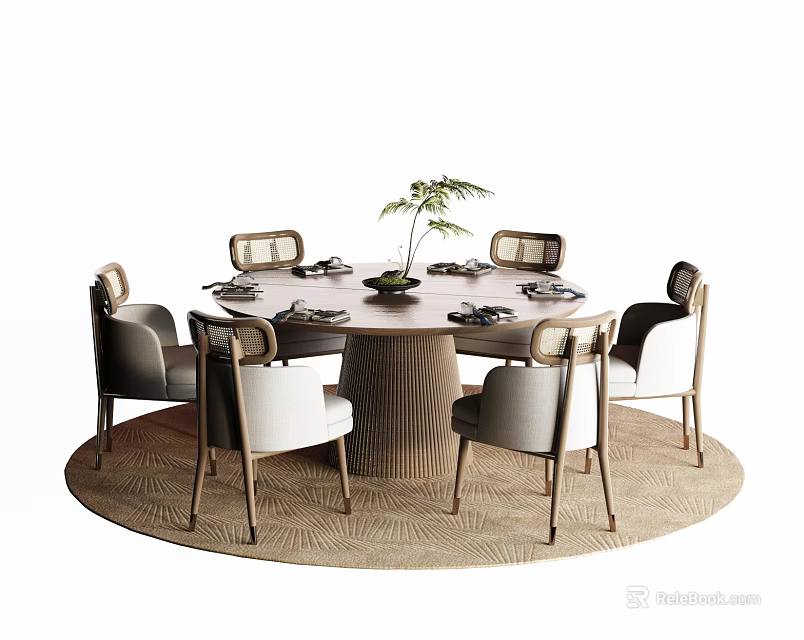 Modern Minimalist Round Dining Table Set With Chairs And Potted Plant 3d model 