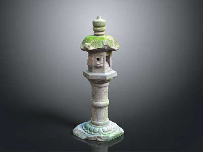 Traditional Stone Lantern Moss Covered Top Cover Lantern Chamber And Pedestal Base Garden Decorative Element 3d model