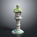 Traditional Stone Lantern Moss Covered Top Cover Lantern Chamber And Pedestal Base Garden Decorative Element