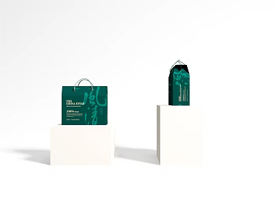 Modern Decorative Ornament Set with Green Shopping Bag and Box on White Display Stands 3d model