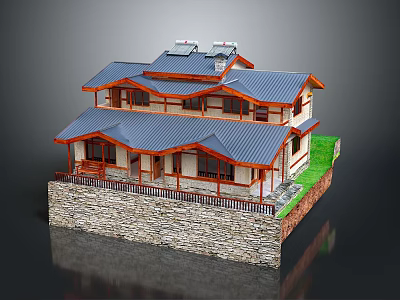 Traditional Two Story Guesthouse Building With Blue Tiled Roof Red Wooden Accents And Green Lawn 3d model