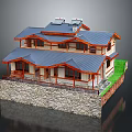 Traditional Two Story Guesthouse Building With Blue Tiled Roof Red Wooden Accents And Green Lawn