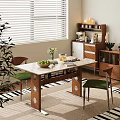 Modern Dining Table Set With Green Cushioned Chairs Marble Top And Sideboard By Window