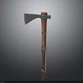 Vintage Battle Axe With Metal Head And Wooden Handle Decorated With Metal Rings