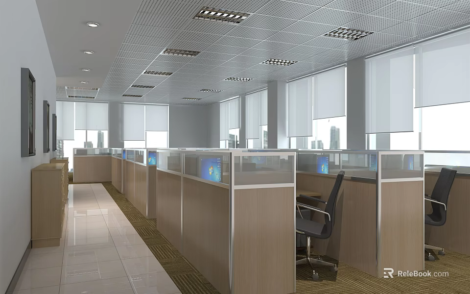 Modern Public Office Space With Cubicle Workstations Computers Office Chairs And Large Windows 3d model