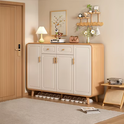 Modern Light Colored Wooden Frame Shoe Cabinet With Drawer Door Table Lamp Decor And Shoes 3d model