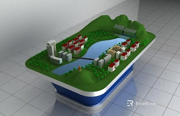 Urban Planning Model Display Commercial Equipment With Green Terrain River And Buildings 3d model 