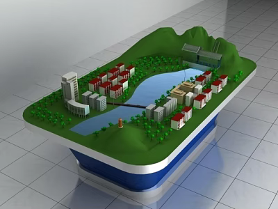 Urban Planning Model Display Commercial Equipment With Green Terrain River And Buildings 3d model