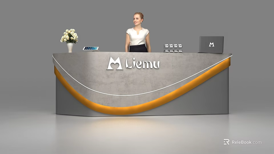 Modern Liemu Reception Desk With Gray Orange Accents Flower Vase Tablet And Laptop 3d model 
