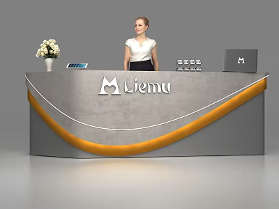 Modern Liemu Reception Desk With Gray Orange Accents Flower Vase Tablet And Laptop 3d model