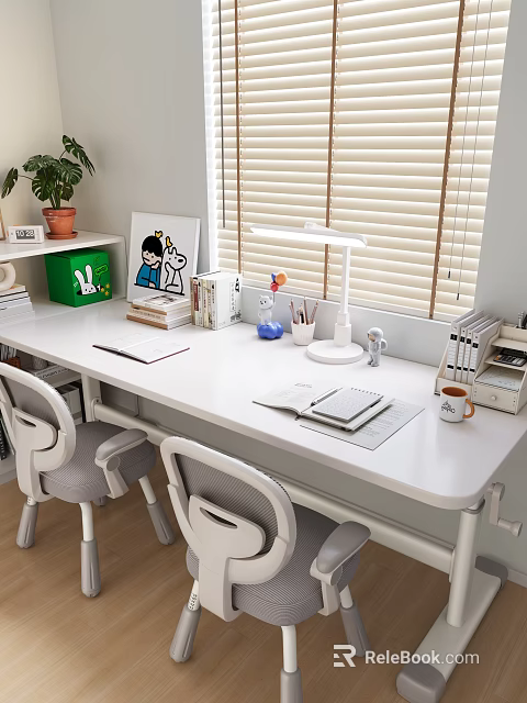 White Desk and Chair Set for Modern Study Space with Lamp Potted Plant and Books 3d model 