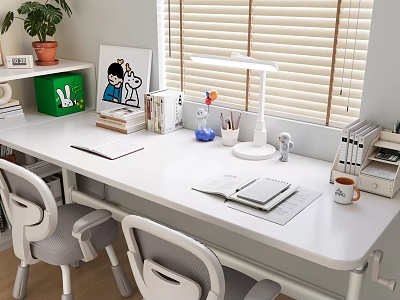 White Desk and Chair Set for Modern Study Space with Lamp Potted Plant and Books 3d model
